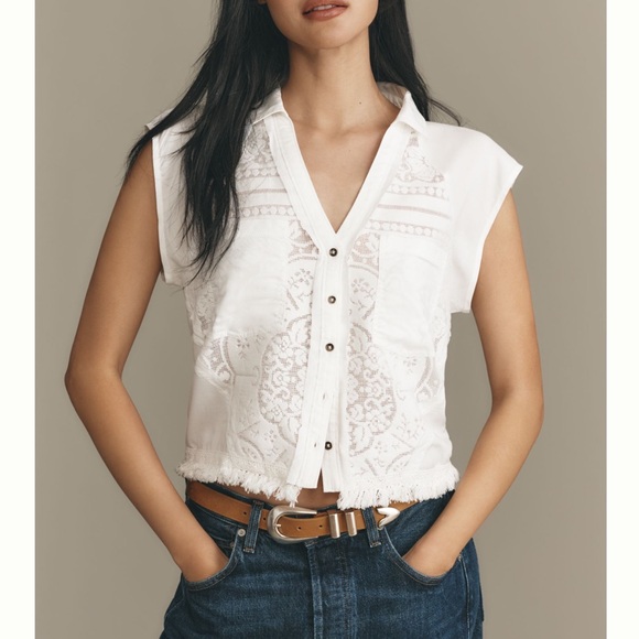 Anthropologie Tops - Anthropologie Sleeveless Lace Button-Front Blouse Pilcro NEW White Medium